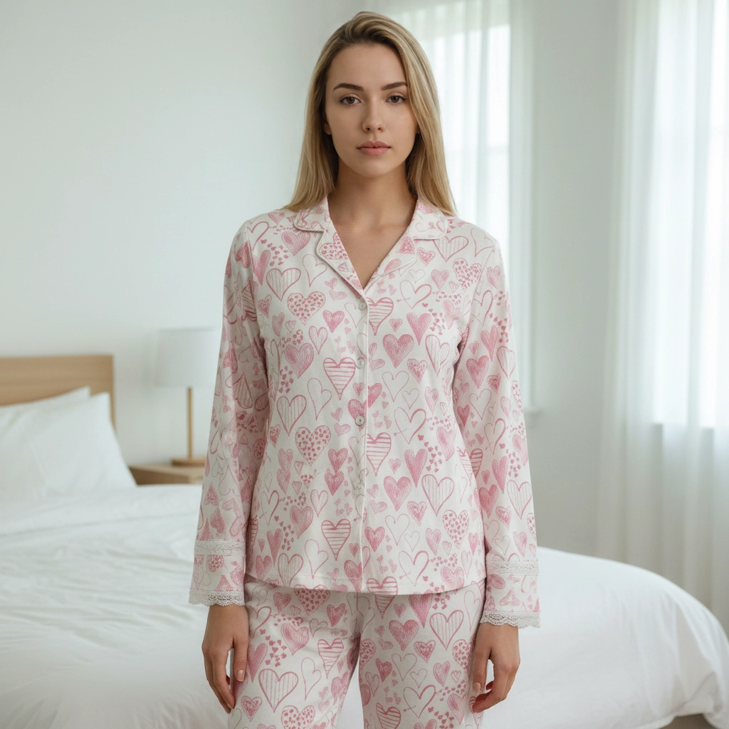 Women's Hearts Print Bamboo Lounge Pajamas Set with 3/4 Sleeve Top and Pants