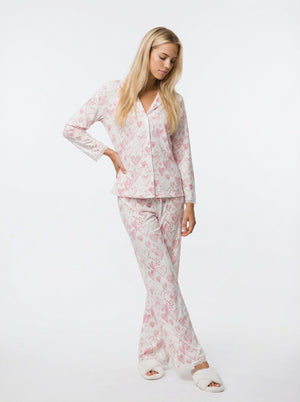 Women's Hearts Print Bamboo Lounge Pajamas Set with 3/4 Sleeve Top and Pants - Shapeez