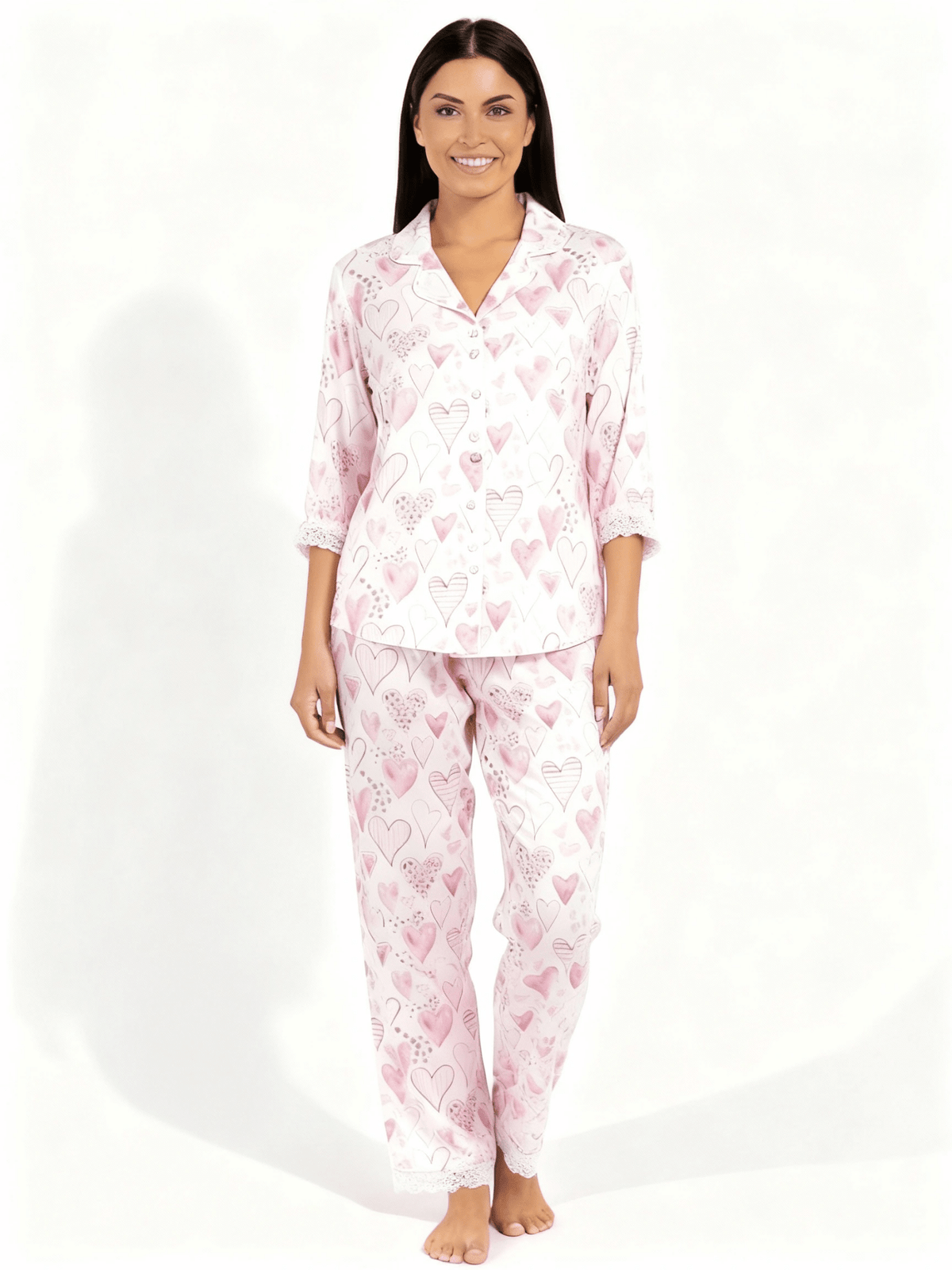 Women's Hearts Print Bamboo Lounge Pajamas Set with 3/4 Sleeve Top and Pants - Shapeez